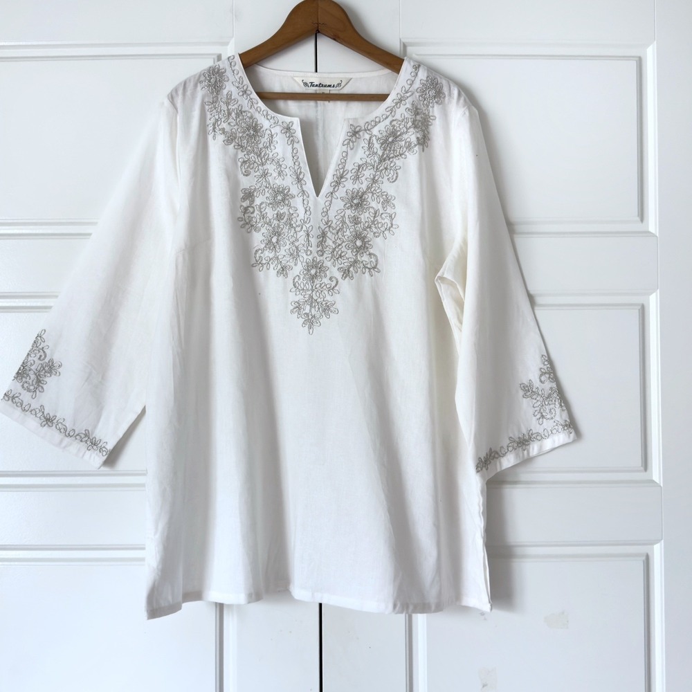 Tantrums Boho Floral Embroidered Linen Tunic Top XL White Silver Cottage Luxury